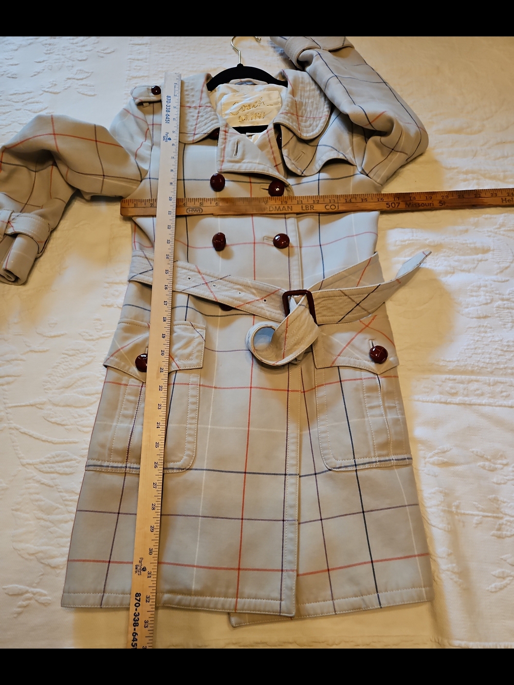 Coach Size 0 Plaid Double-Breasted Trench Coat Cream FLAWS - Picture 12 of 13